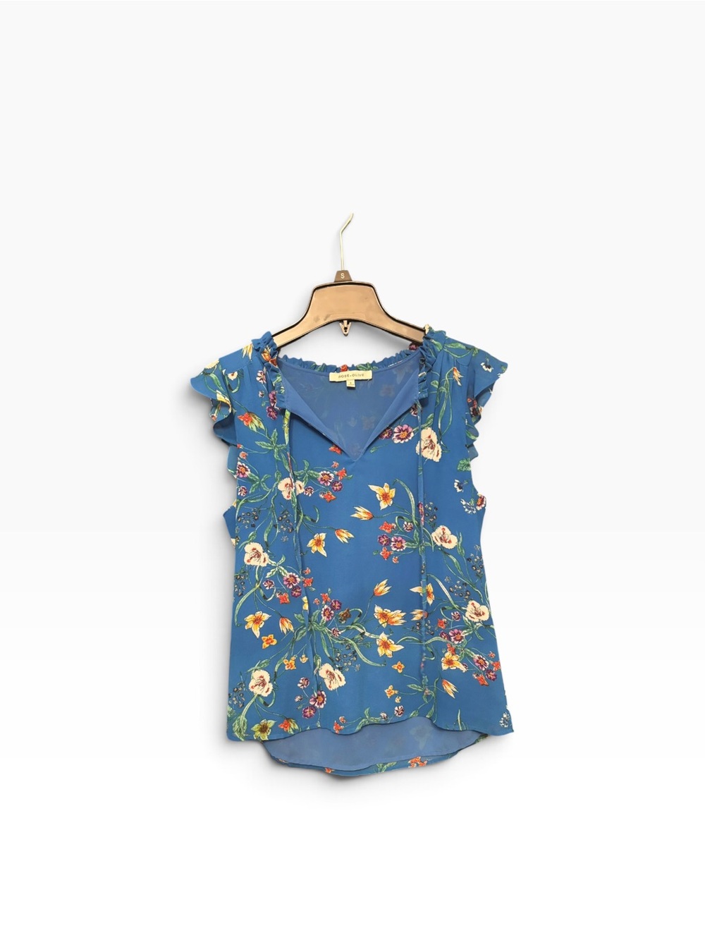 Rose & Olive Blue Floral V-Neck Ruffle Sleeve Blouse